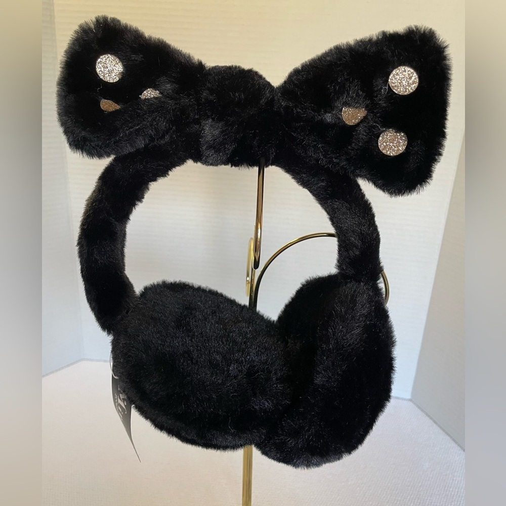 Earmuffs, Black With A Black Bow On Top That Has Golden Glitter Polka Dots. NWT